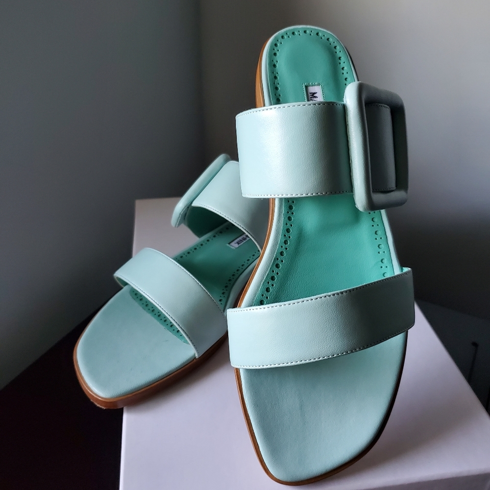 Manolo Blahnik Aqua Leather Sandals